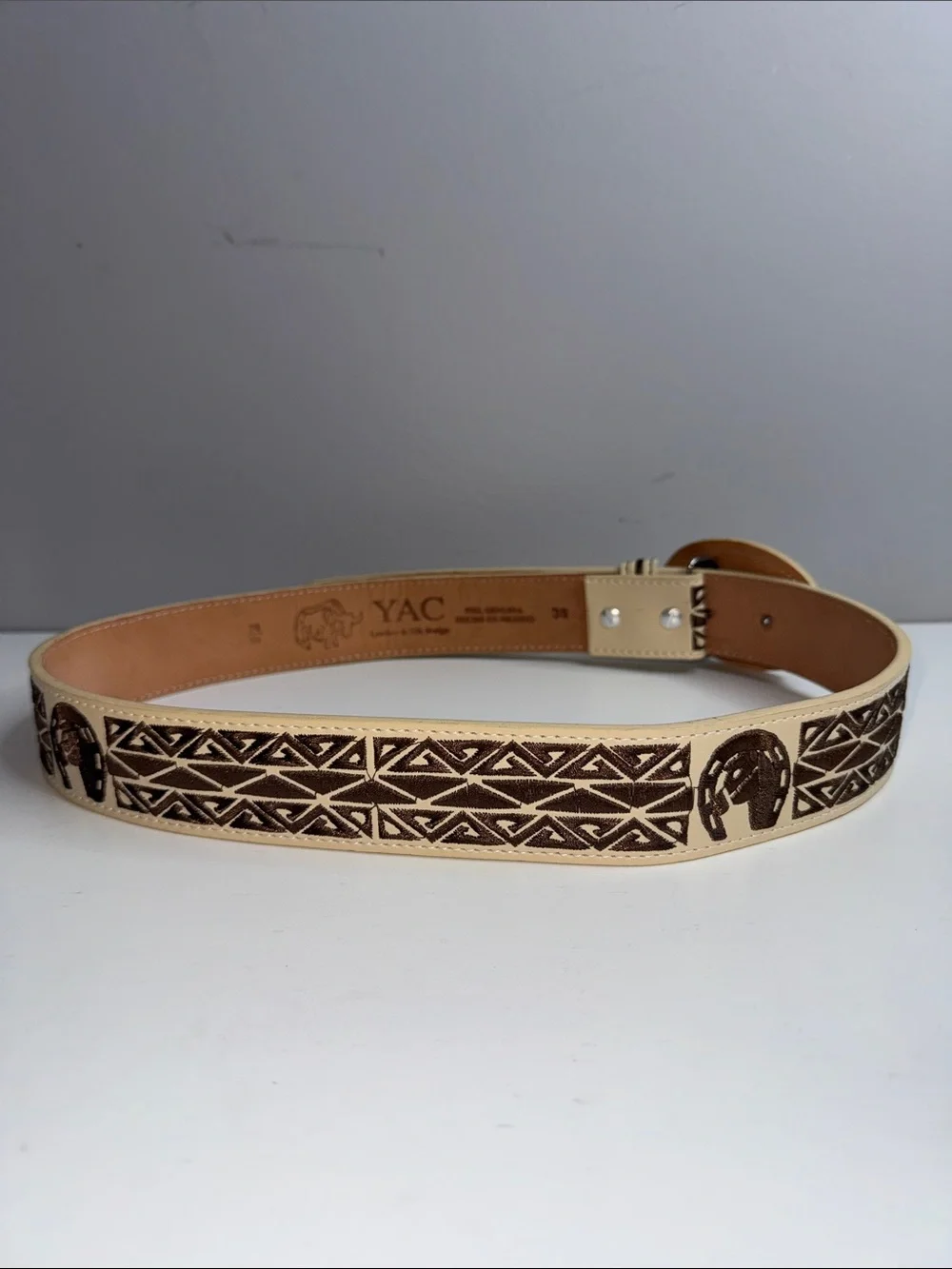 YAC Genuine Leather Horse Western Belt Cream & Brown Embroidered Size 38